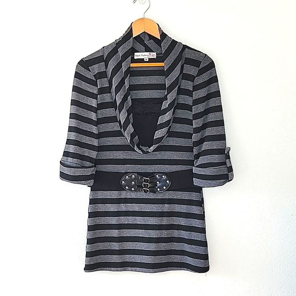 RED PEDAL Black Gray 3/4 Sleeve Form Fitting Striped Cowl Neck Lace Belt size M